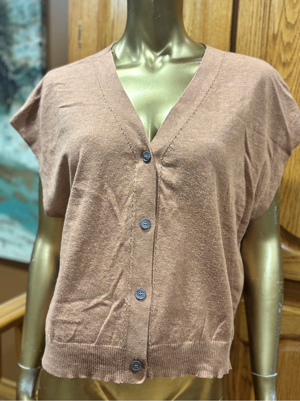 Short-Sleeve V-Neck Button Cardigan - Mauve Brown